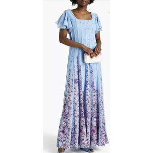 Mikael Aghal Blue Floral Pleated Maxi Flowy Dress Gown Size 2 NWT